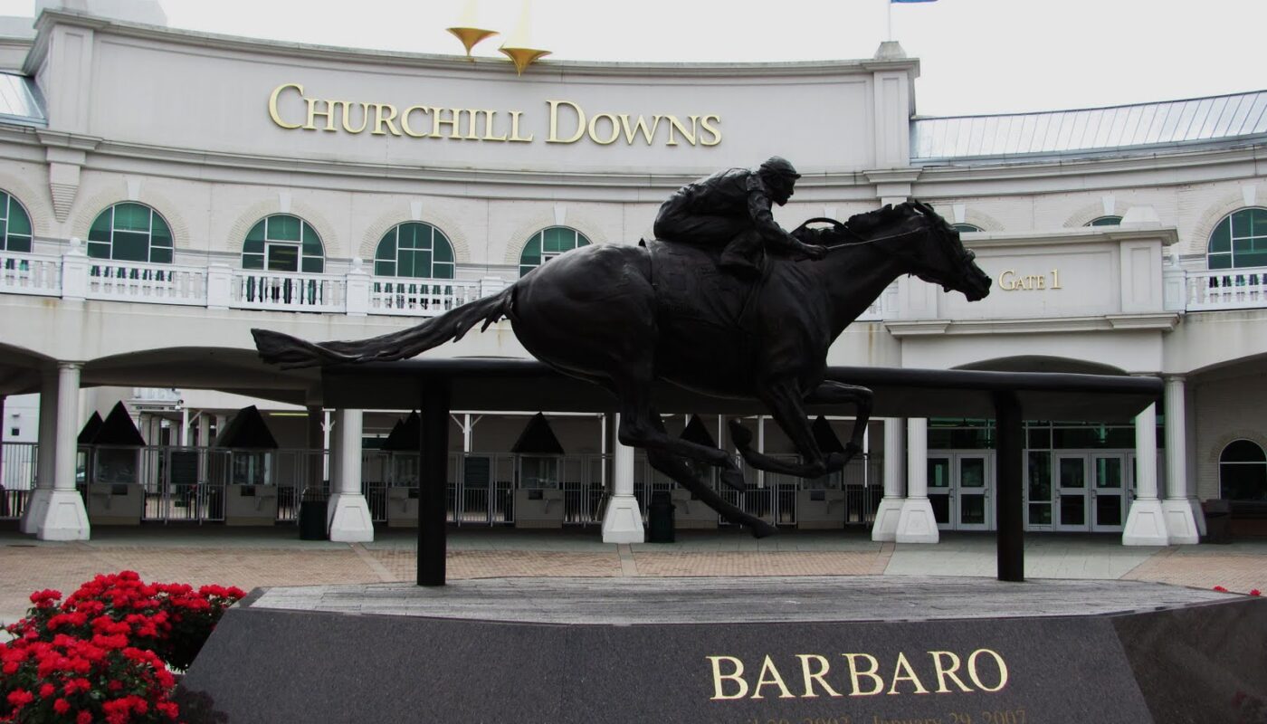 Churchill Downs with statue of Barbaro