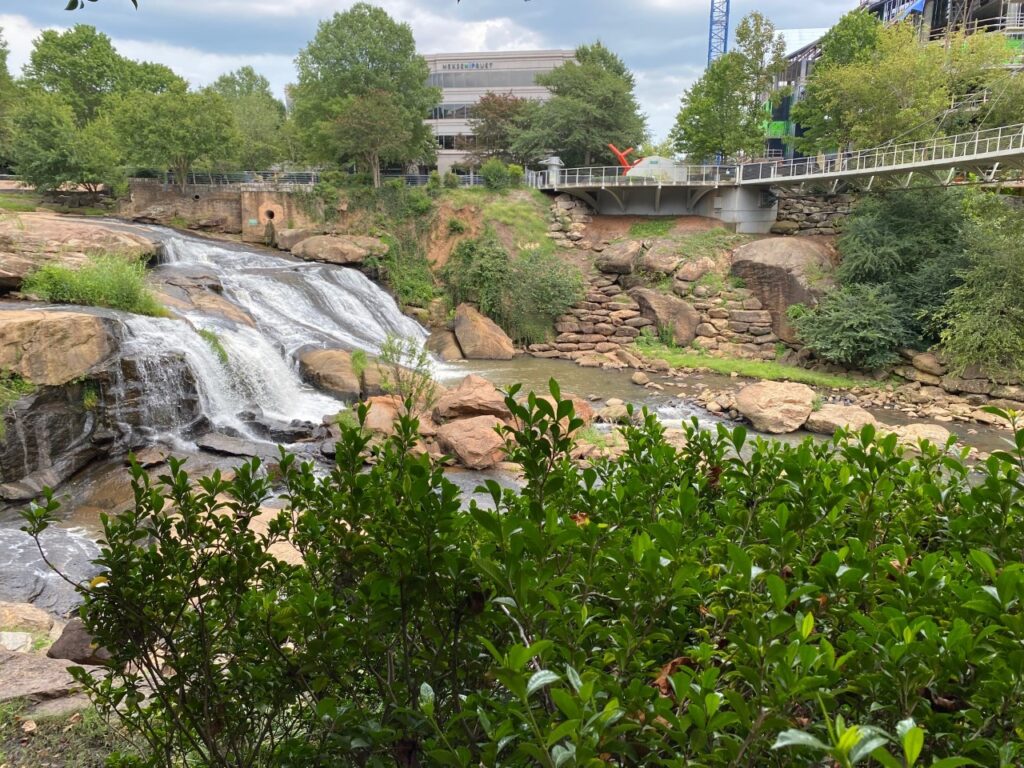 View toward Greenville with Falls and Liberty Bridge