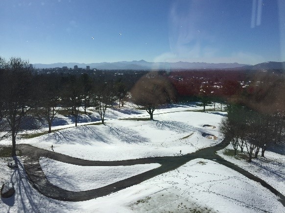 Snowy scene of Golf Course from Sammons Room