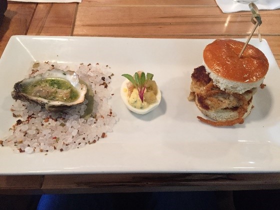 Low Country Bistro - Flamed Oyster, Deviled Egg & Crab Cake Slider