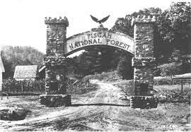 Normally the entrance to a national forest has a small sign with the Forest Service shield on it. This entrance to the Pisgah National Forest was a memorial arch constructed to honor the memory of the men of Transylvania County, North Carolina, killed in World War I. (U.S. Forest Service photo — negative number 185843)