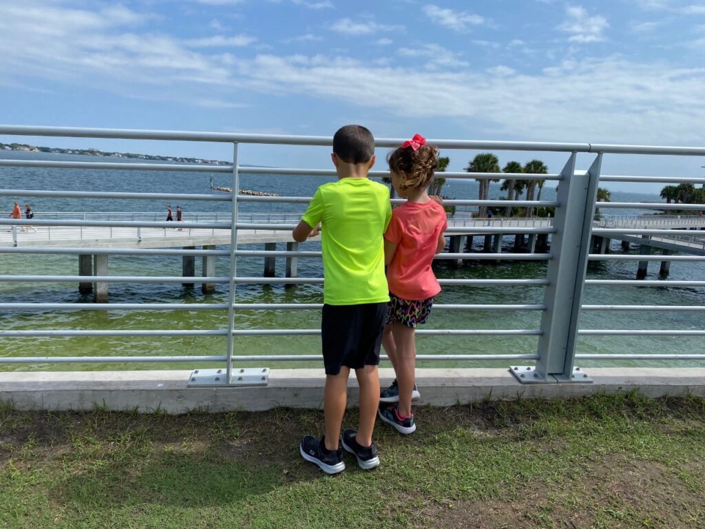 Keaton and Kaia look out from the Tilted Lawn.