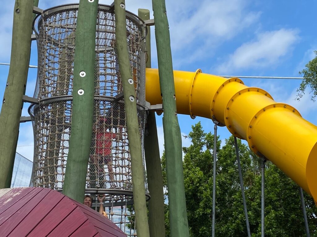 Look carefully - Kaia is climbing the rope circle and Grandma is right behind her.