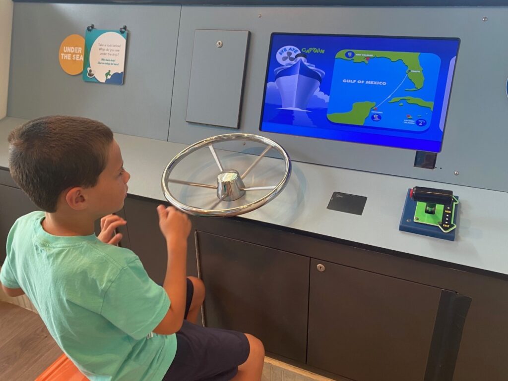Keaton likes piloting the ship to different ports in the Gulf of Mexico.