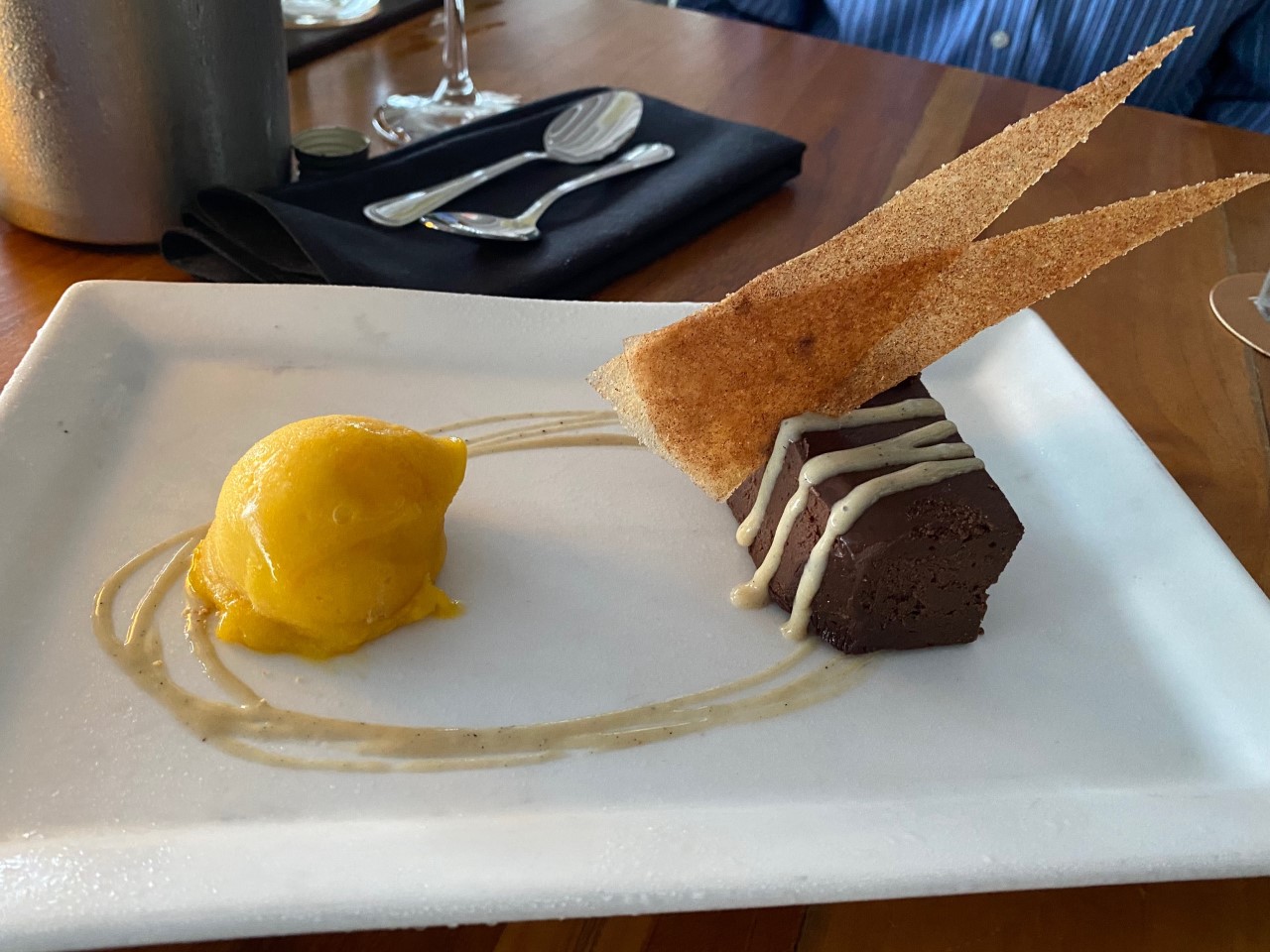 A Delectable Chocolate Dessert with Mango Ice Cream