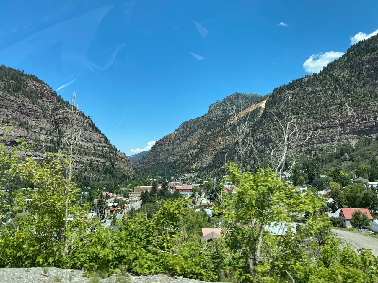 An attempt at a picture of Ouray, Colorado from a moving car.