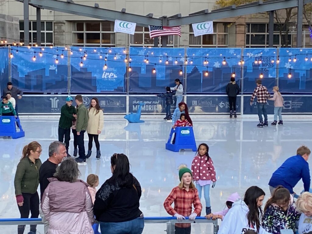 Ice skating is fun in dowtown Greenville.