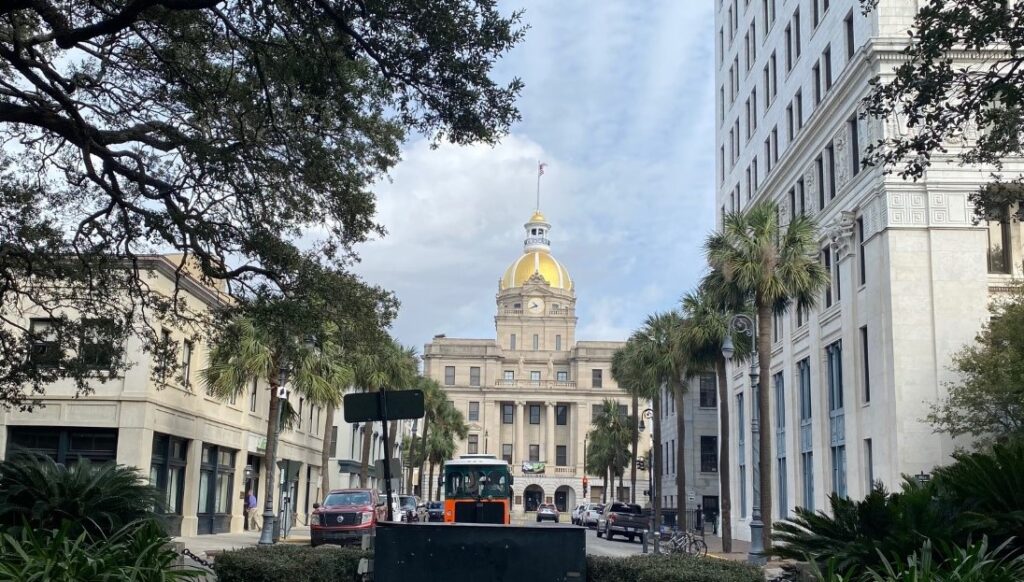The gleaming gold dome of Savannah's City Hall.