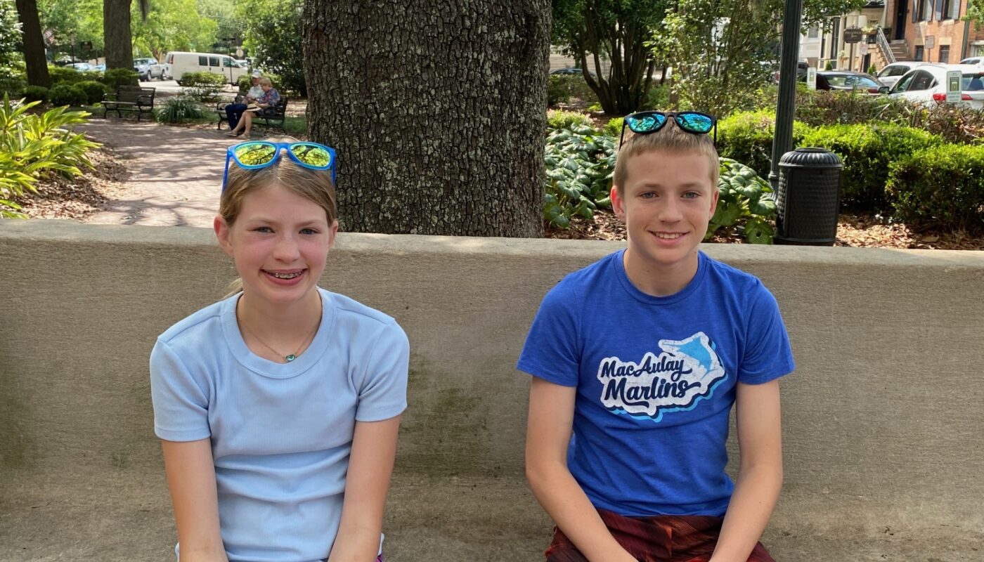 Louis & Lucy waiting for the feather like in the movie Forest Gump to fall at Chippewa Square.