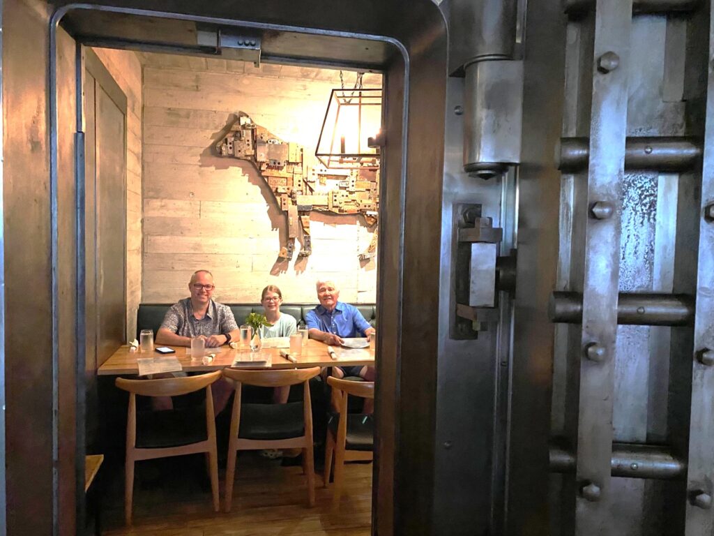 SMILE! Daddy, Lucy & Papa are ready for cinner at The Vault Kitchen and Market, in the Vault