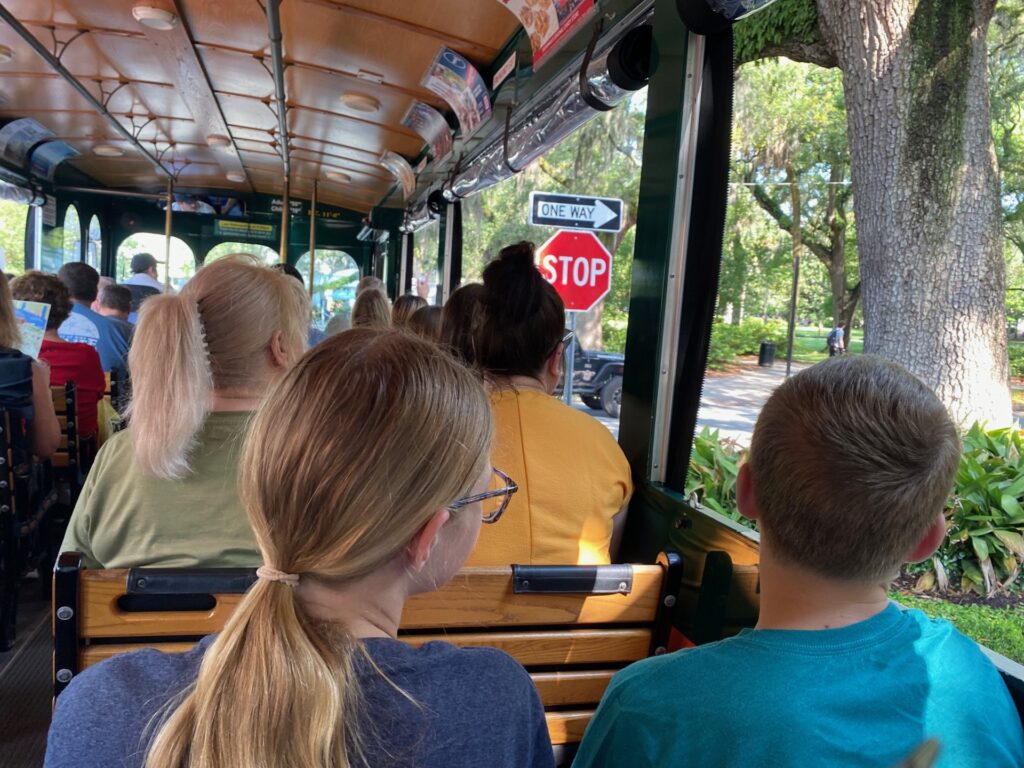 Louis & Lucy enjoy the open air Hop On Hop Off Troly tour of Savannah.