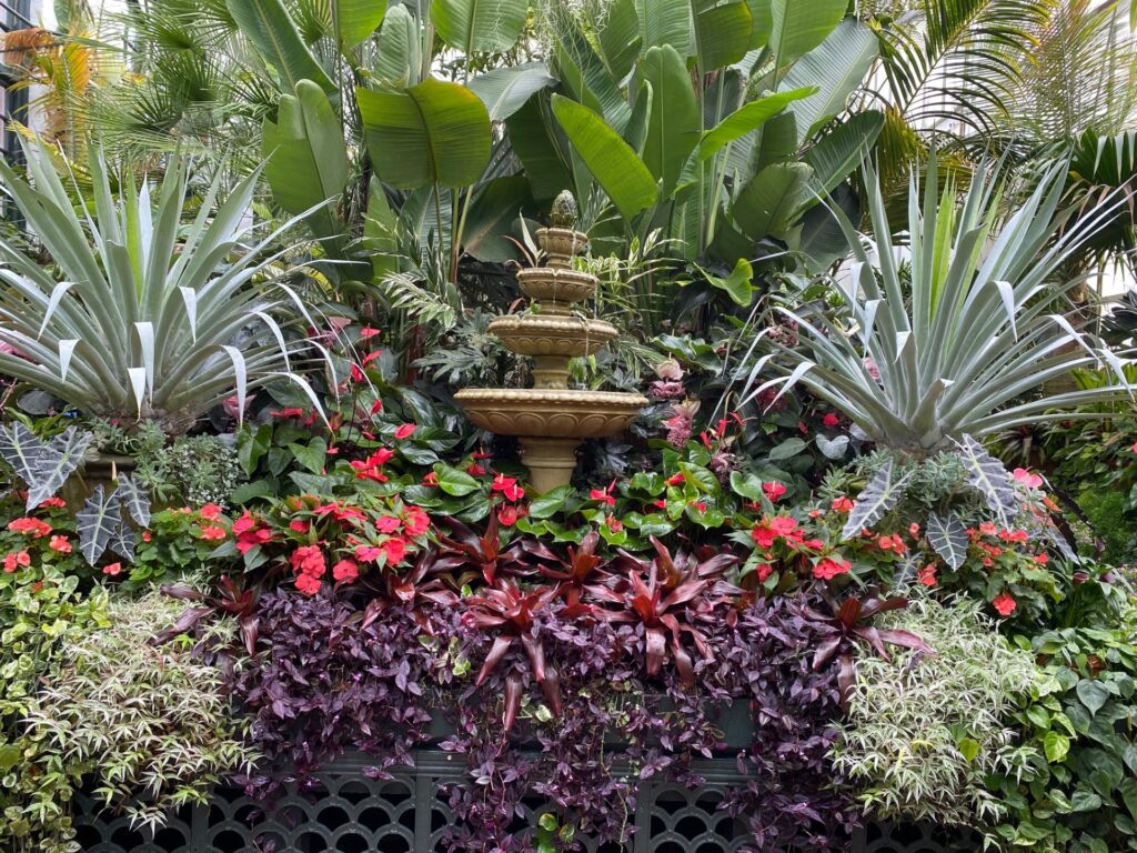 A small fountain creates a cozy atmosphere.