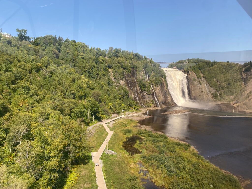 Aerial view of Montmorency Falls and cliffs from the Cable Car Ride.